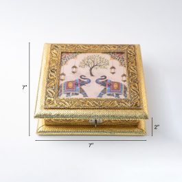 Golden Elephant Art Dry Fruit Box – Decorative Indian Storage (Handmade)